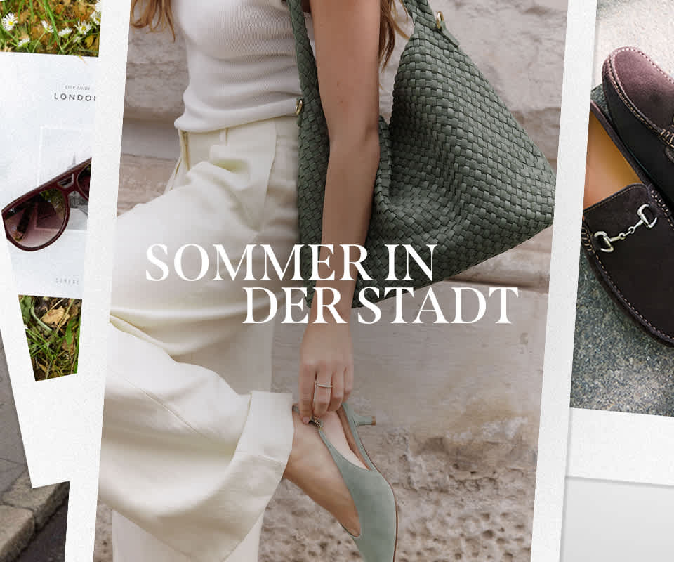 a collage of imagery featuring a model wearing a green woven bag, sunglasses and a magazine and men's brown suede loafers with snaffle detail