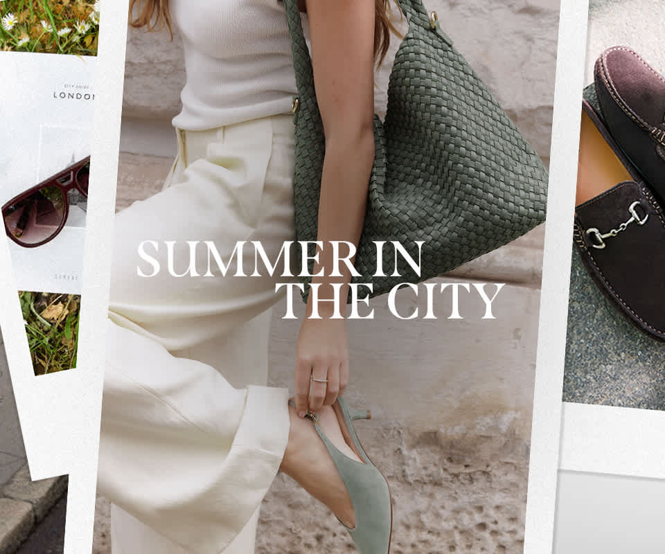 a collage of imagery featuring a model wearing a green woven bag, sunglasses and a magazine and men's brown suede loafers with snaffle detail