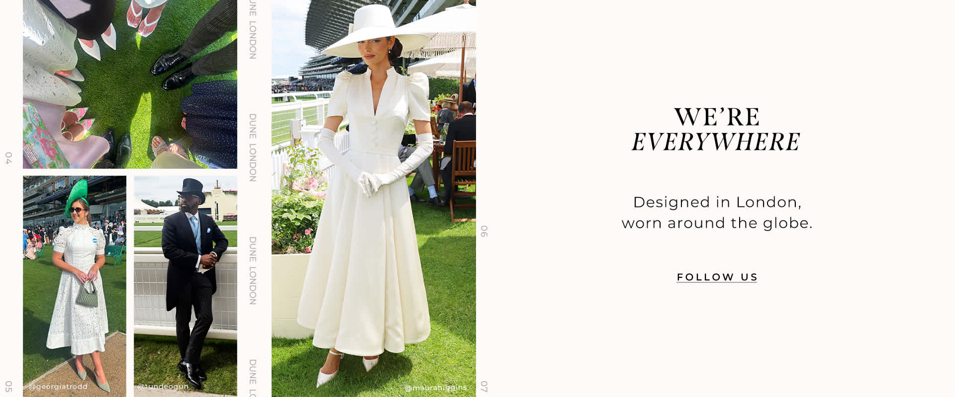 Collage of influencers, press, stylists wearing Dune London products at Ascot 