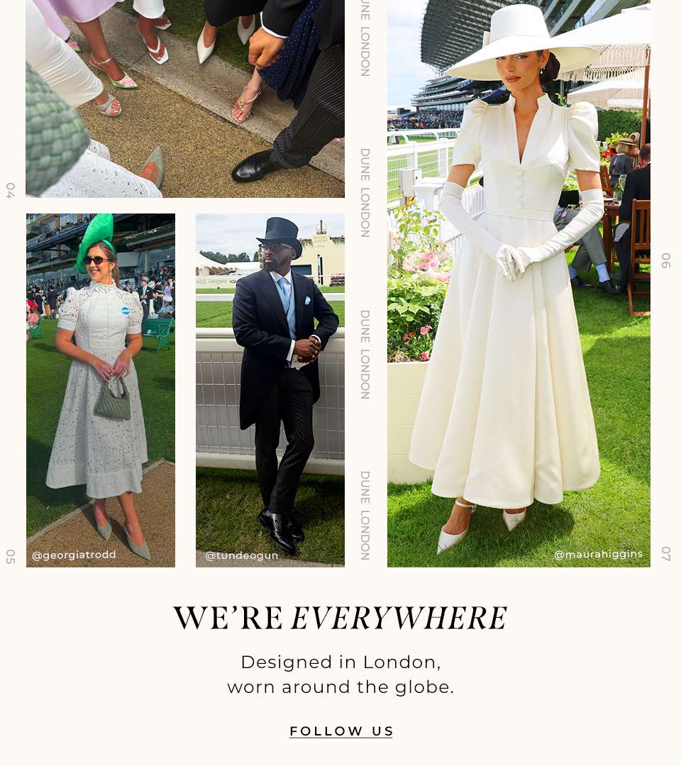 Collage of influencers, press, stylists wearing Dune London products at Ascot 