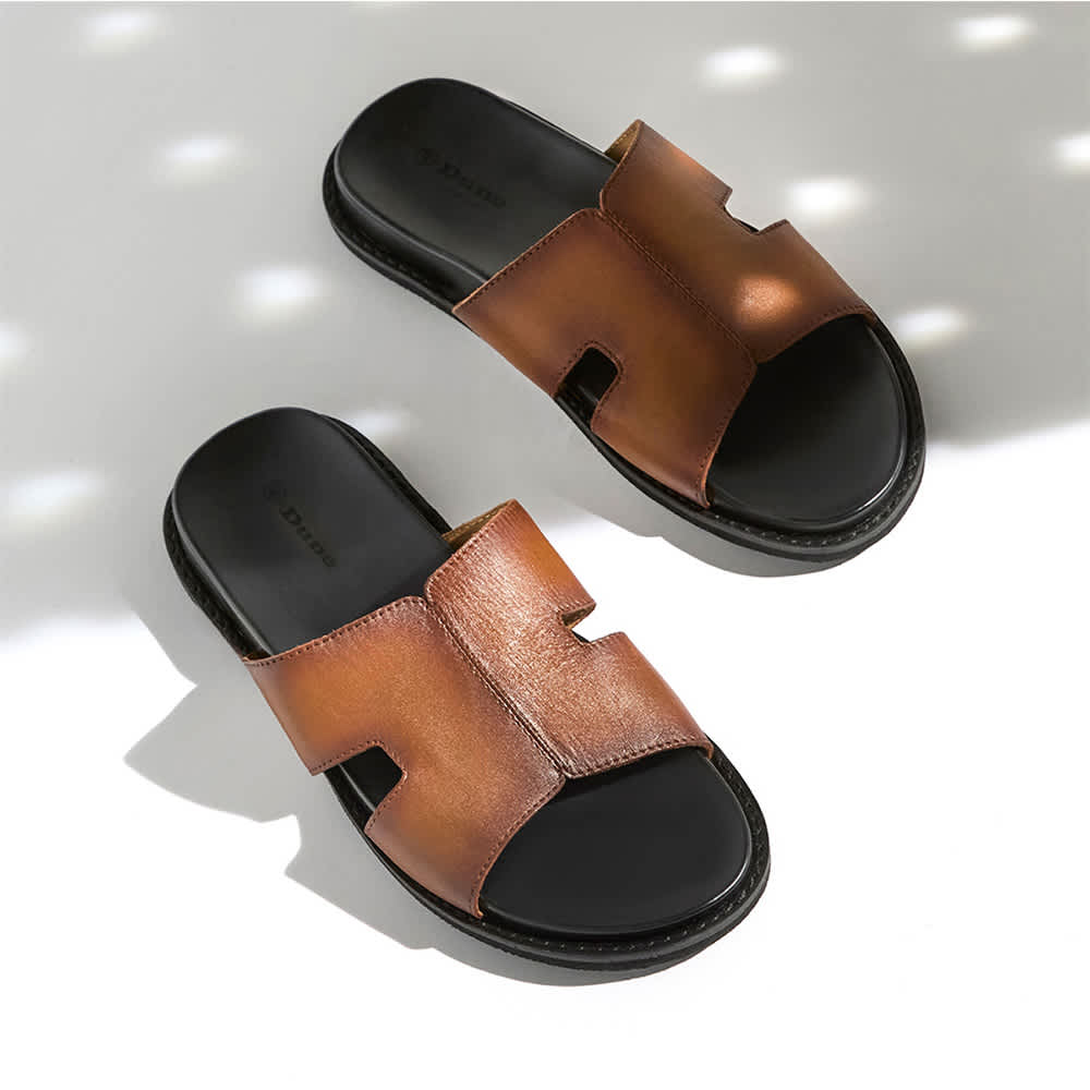 Men&rsquo;s Tan Leather Slip On Sandals