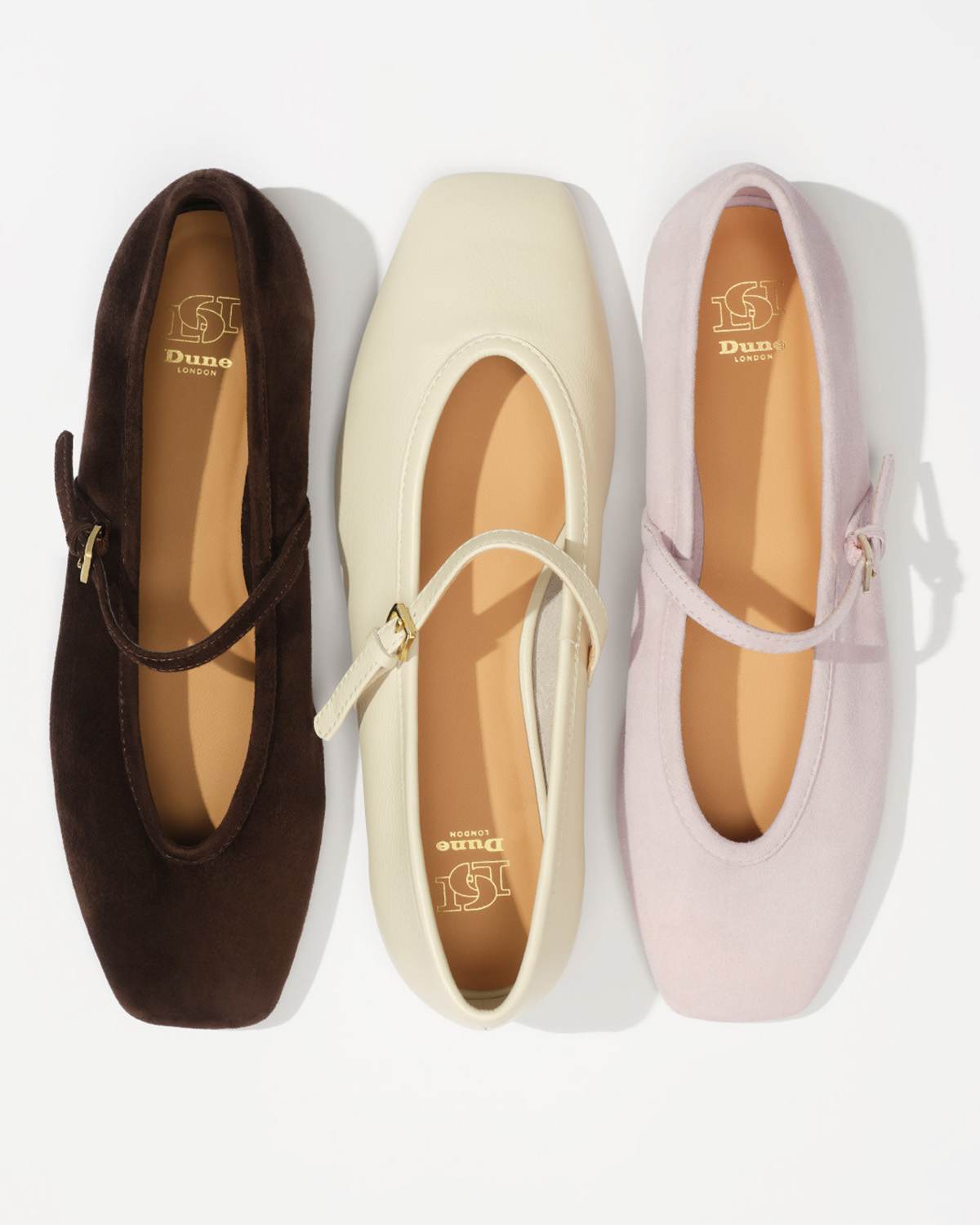 Suede Mary-Janes in brown, ecru and blush