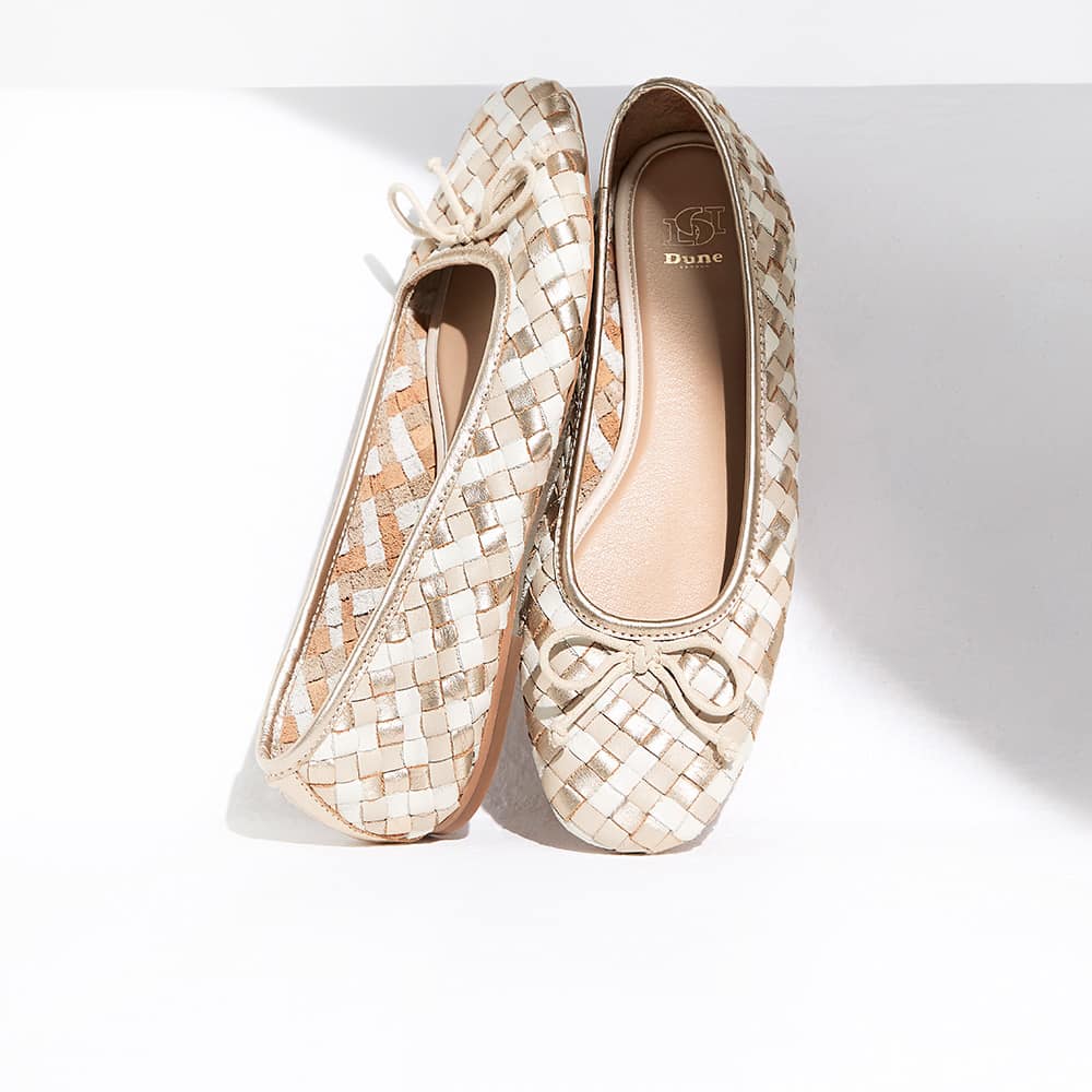 Woven Leather Bow Detail Ballet Pumps in cream