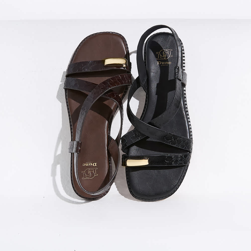 Women's Flat Leather Sandals in brown and black with gold detailing 