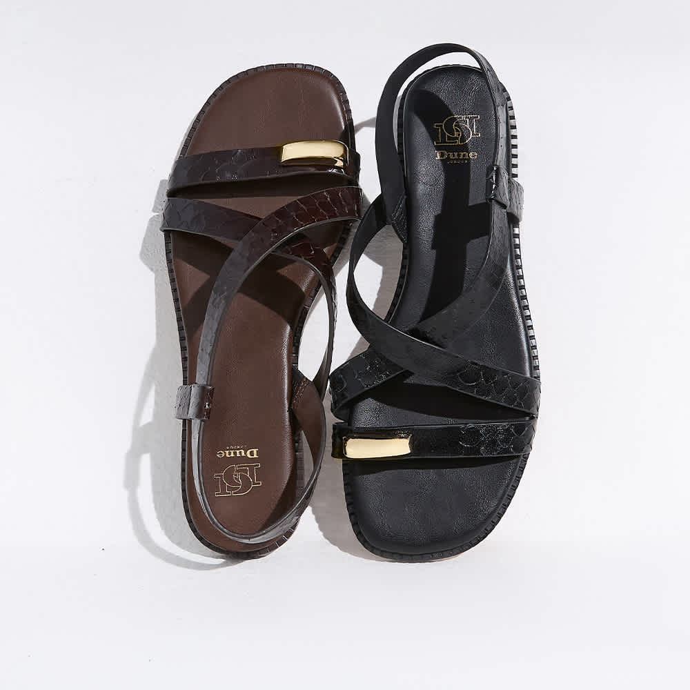 Women's Flat Leather Sandals in brown and black with gold detailing 