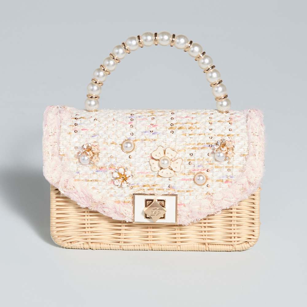 Floral embellished boucle top handle bag