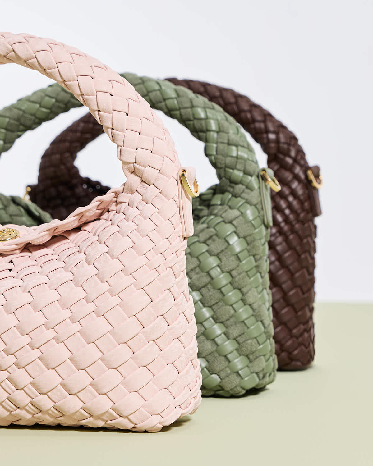 Mini Woven Grab Bag in blush, sage and brown