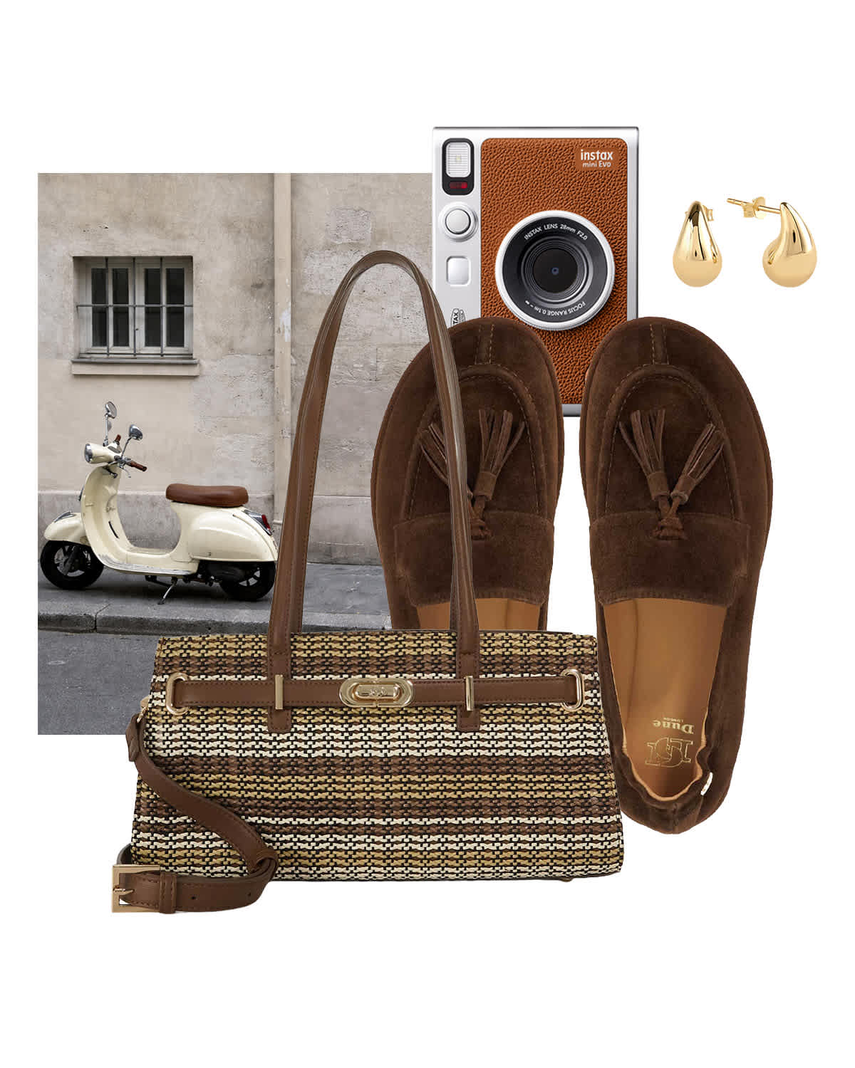 Holiday edit collage featuring a brown woven bag and brown suede loafers