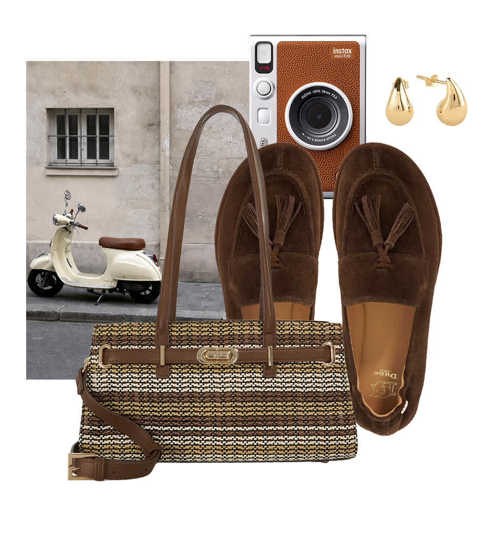 Holiday edit collage featuring a brown woven bag and brown suede loafers