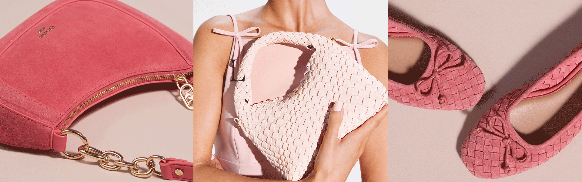 "Love at first sight" text over images of women's pink bags and ballet pumps