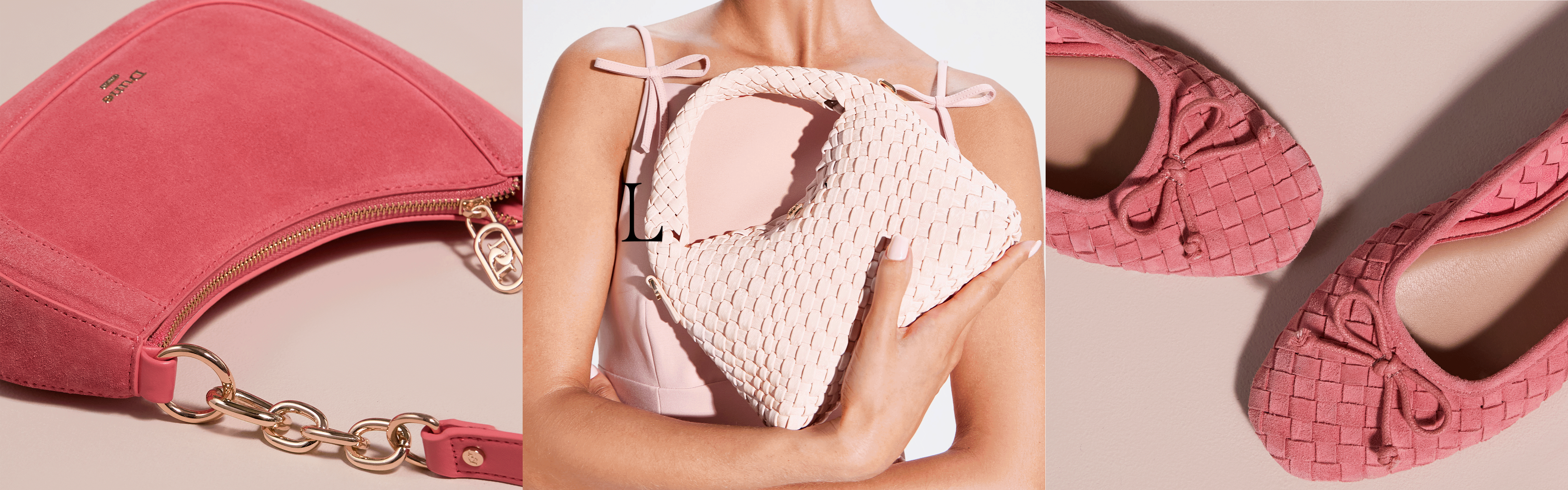 "Love at first sight" text over images of women's pink bags and ballet pumps