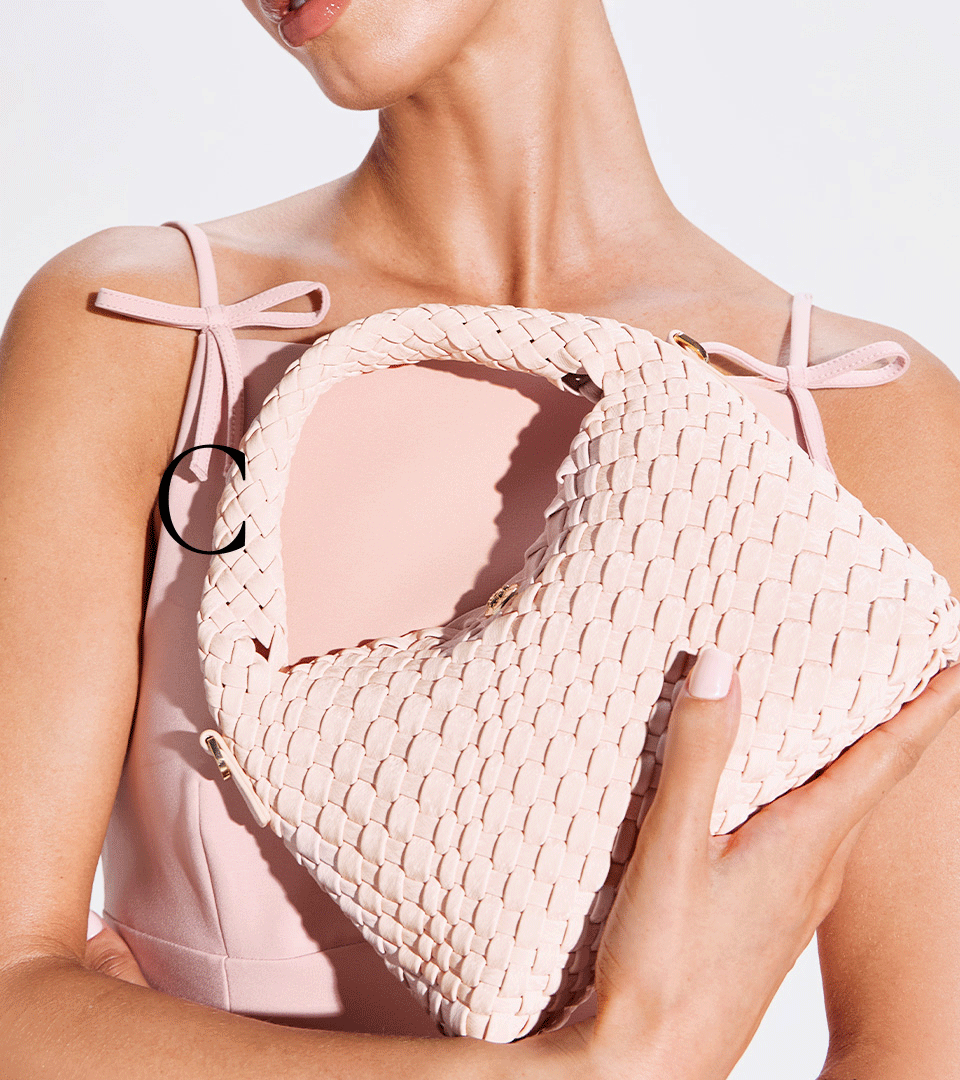 "Love at first sight" text over images of women's pink bags and ballet pumps