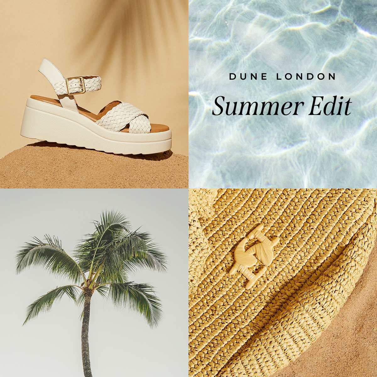 Collage of summer images including women's flatform sandal in ecru leather