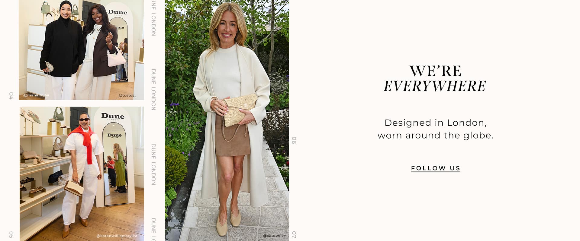 Collage of influencers, press, stylists wearing Dune London product and TV presenter Cat Deeley wearing Hetta flat shoe and Essential raffia clutch bag 
