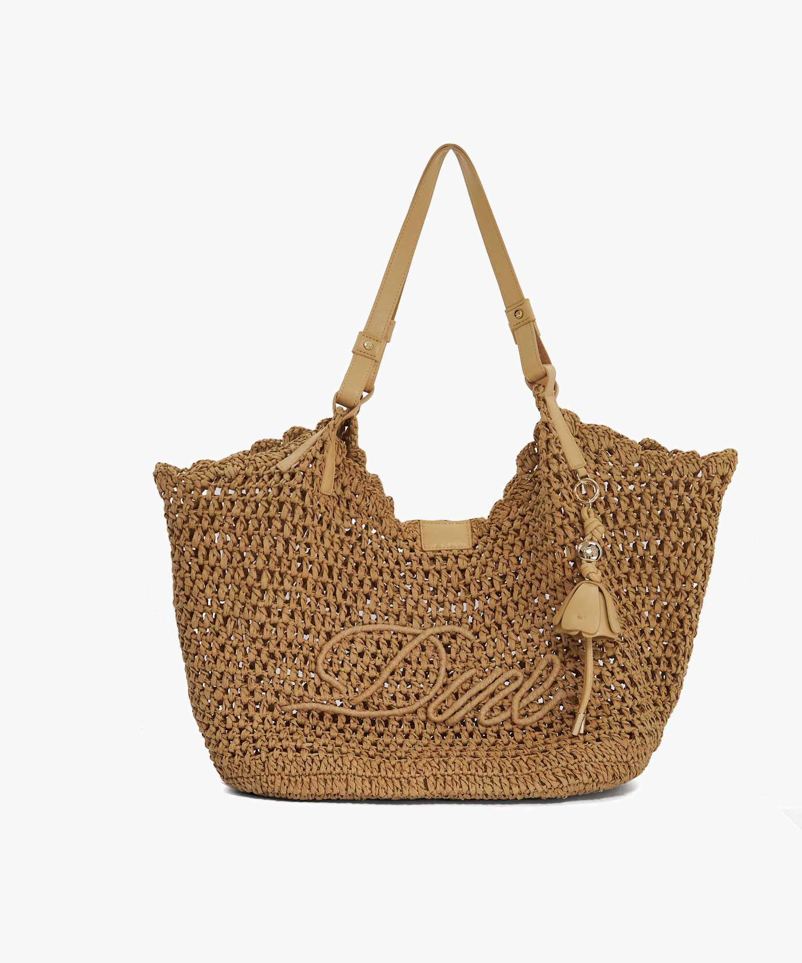 Dewdrop Raffia Logo Shoulder Bag - natural