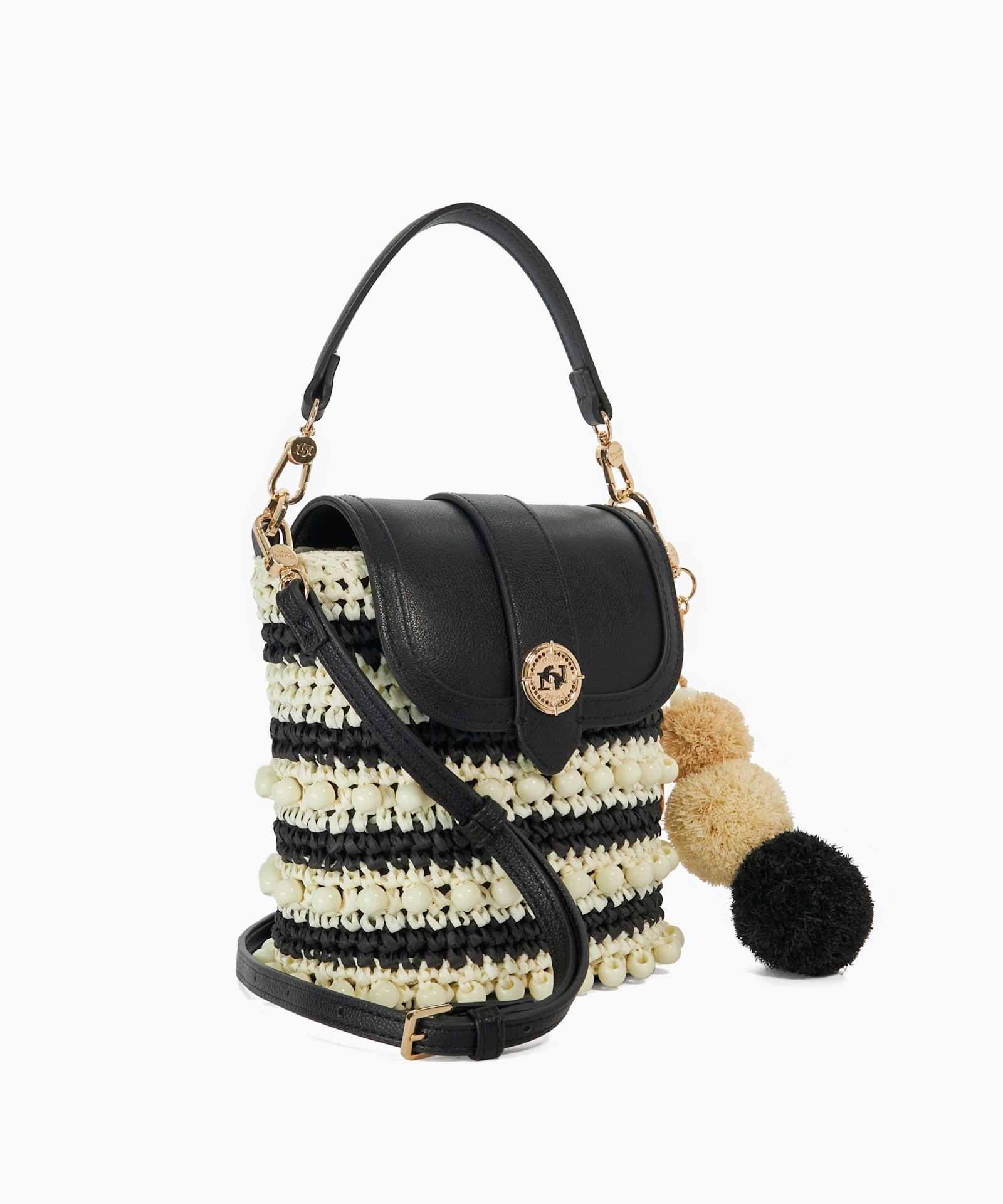 Dimple Raffia Crossbody Bag - black-white