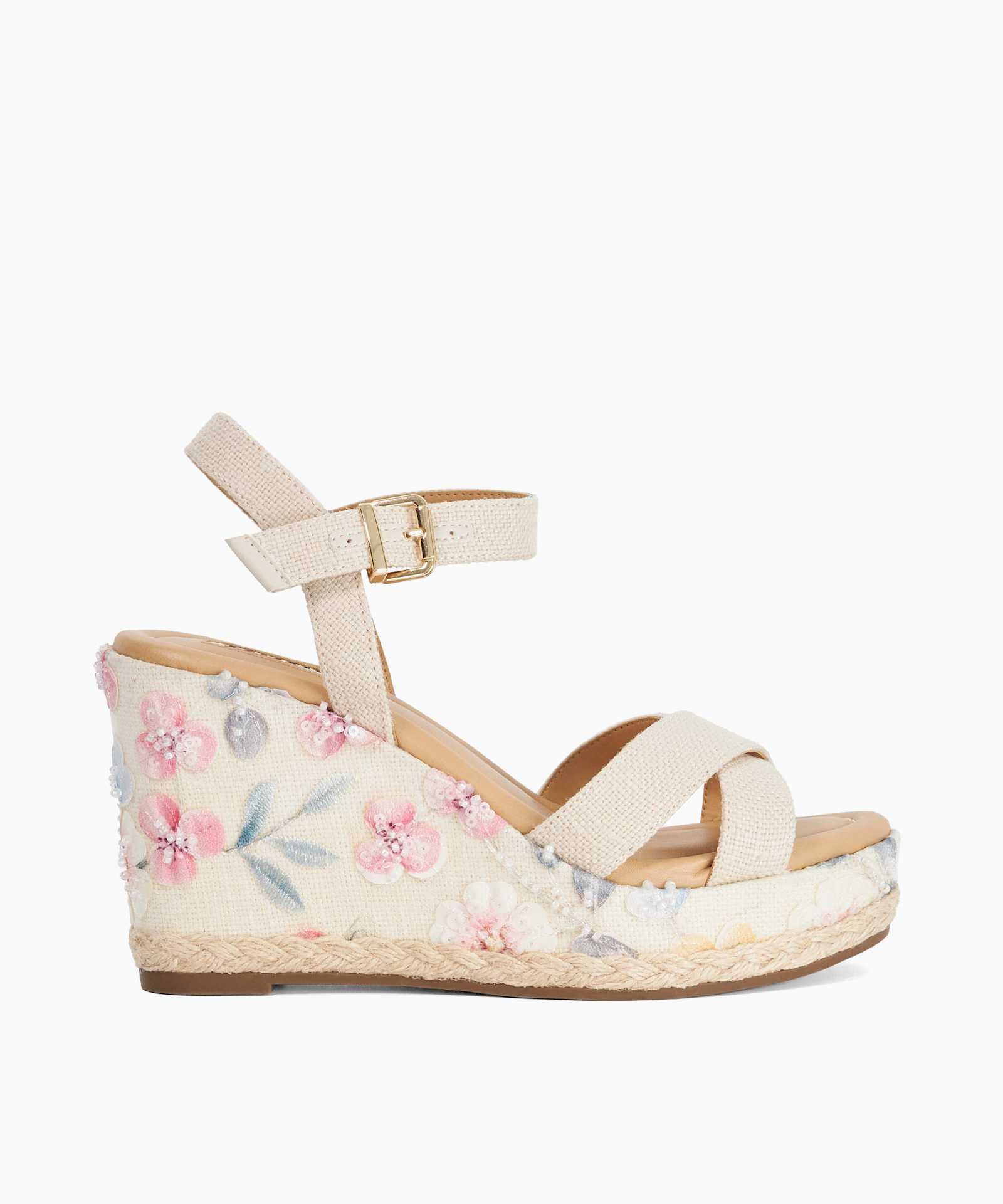 Kalmiah Floral Fabric Wedge Sandals - natural