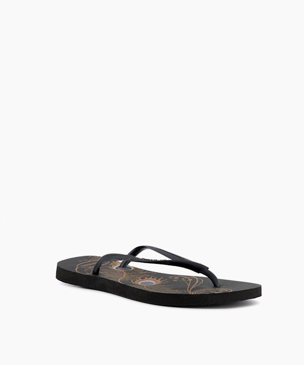 Peacock Print Flip Flops - Black