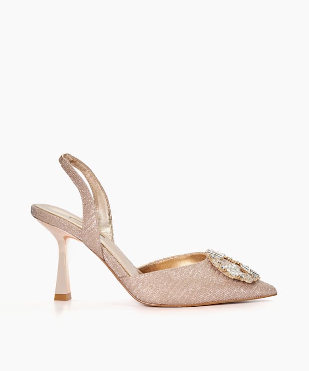 Cascades Rose Gold, Brooch Detail Slingback Heels | Dune London