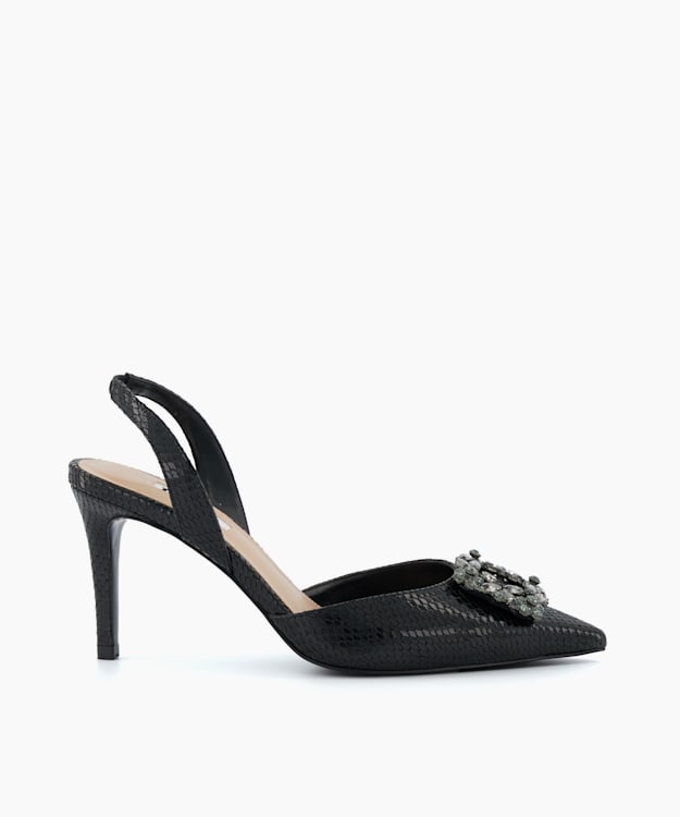 Cassette Black, Brooch-Detail Court Shoes | Dune London