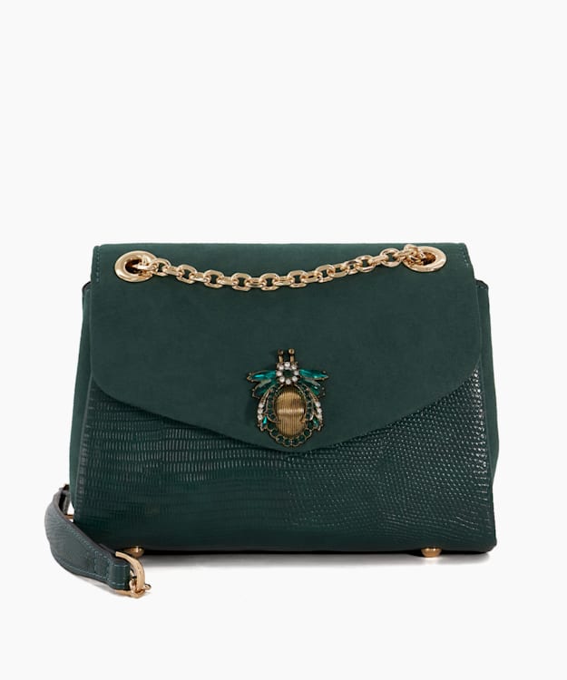 Dusk Green, Bug-Jewel Croc-Effect Clutch Bag | Dune London