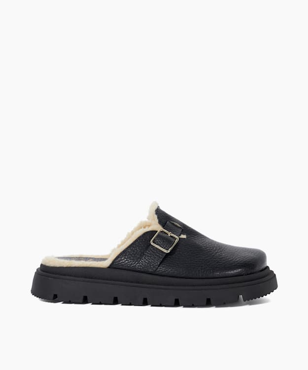 dune london Gene Black Leather Faux Shearling-Lined Clogs Outlet