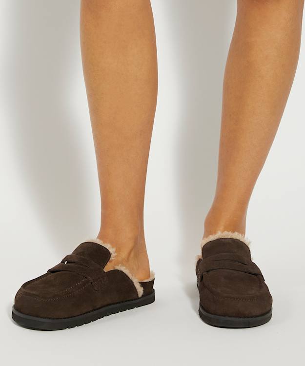 Goldy Brown, Faux Shearling Lined Backless Mule Suede Loafers | Dune London
