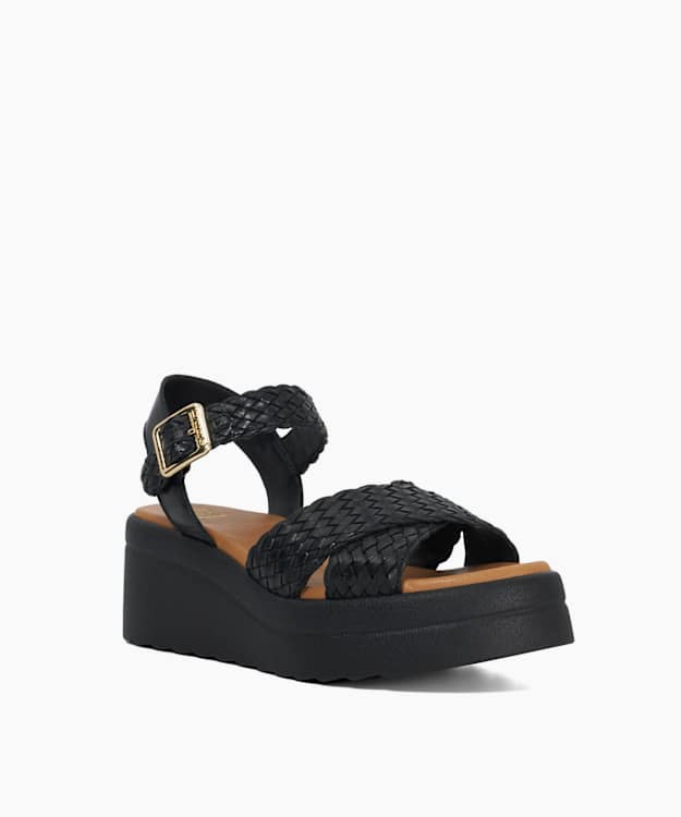 Dune London Kinleys Black Braided Leather Wedge Sandals