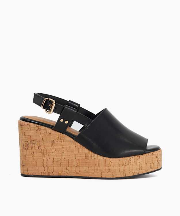 dune london Kosley Black Leather Open Toe Wedge Heels Clearance