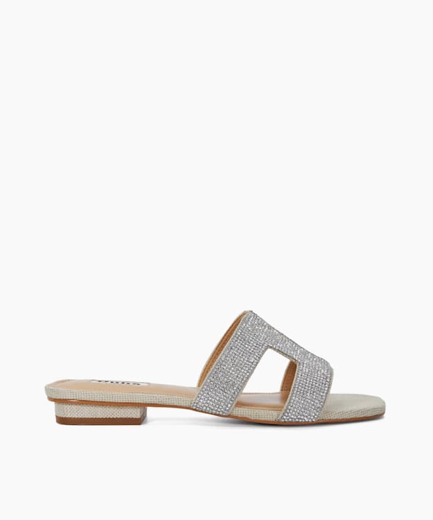 Loupe Silver, Diamante Flat Sliders | Dune London