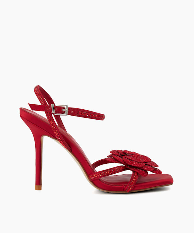 Medallion Red Diamante Corsage Satin Heeled Sandals Dune London