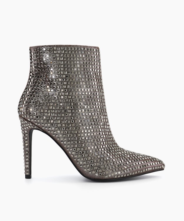 Oncores Pewter, Diamante Metallic Stiletto Ankle Boots | Dune London