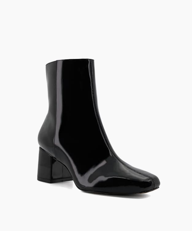 Onsen Black, Patent Block-Heel Ankle Boots | Dune London