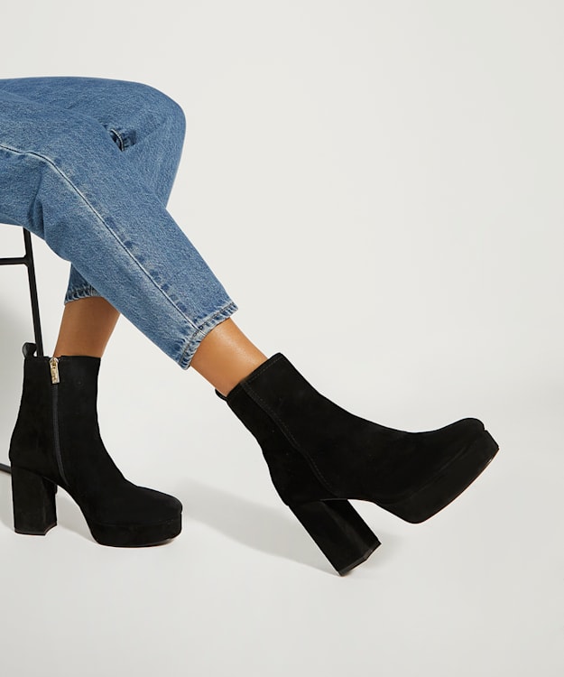 Oona Black Suede Platform Black Ankle Boots Dune London