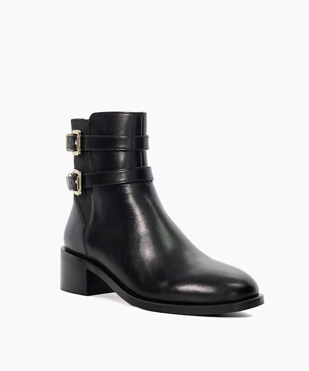 Patter Black Leather Double Buckle Block Heel Boots Dune London