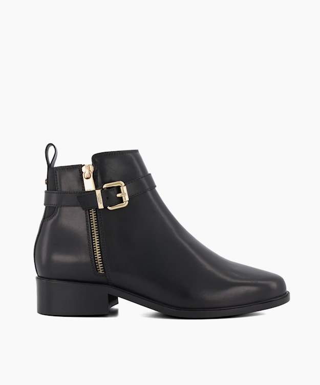 Pepi Black, Buckled Leather Black Ankle Boots | Dune London