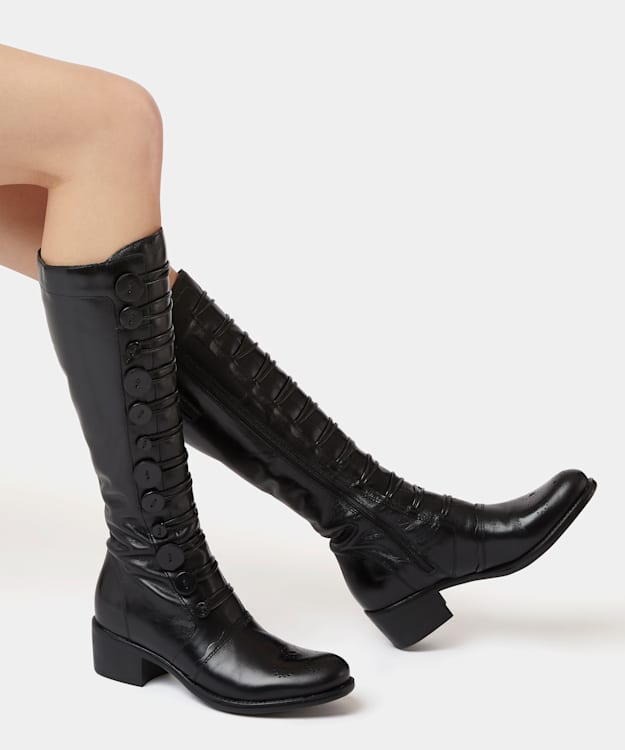 Pixie D Black Button Detail Leather Knee High Boots Dune London