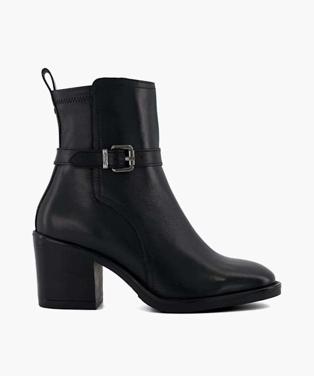 Prance Black Buckle Leather Block Heeled Ankle Boots Dune London