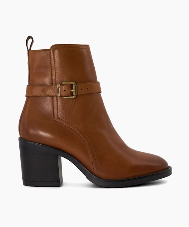Prance Tan, Buckle Leather Block-Heeled Ankle Boots | Dune London
