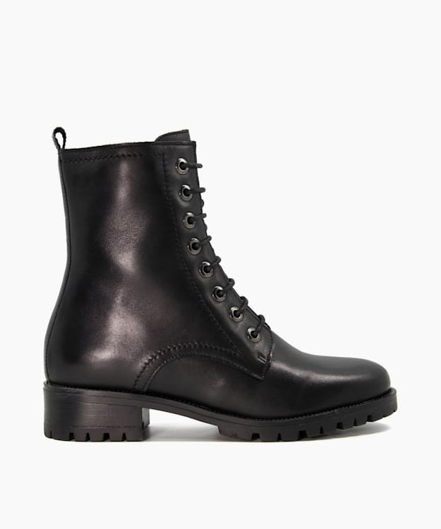 Prestone Black, Cleated Casual Leather Black Ankle Boots | Dune London