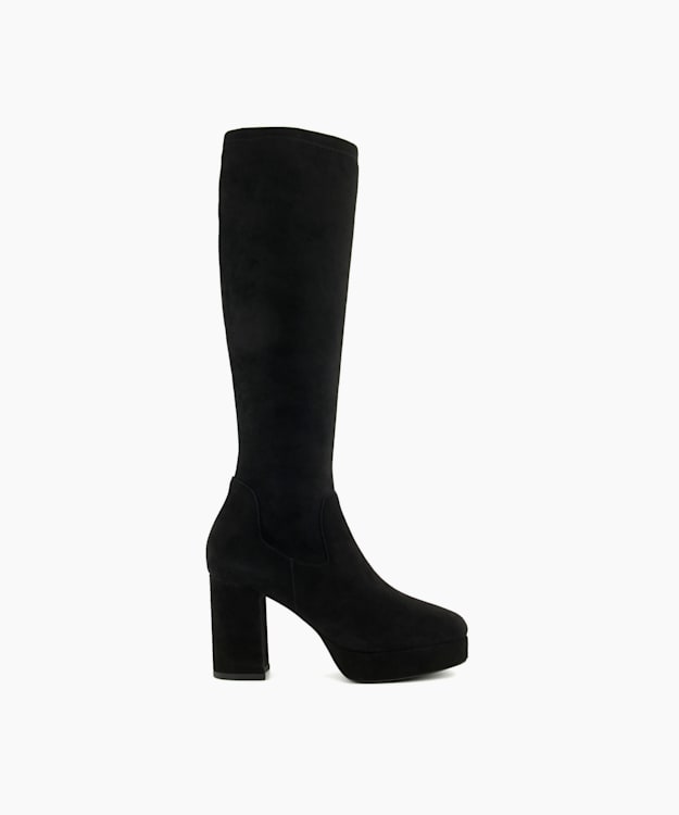 Sassy Black, Platform Knee High Stretch Boots | Dune London