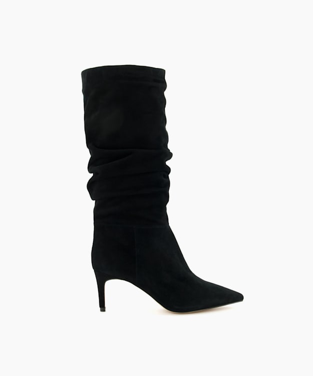 Slouch Black, Ruched Suede Heeled Boots | Dune London