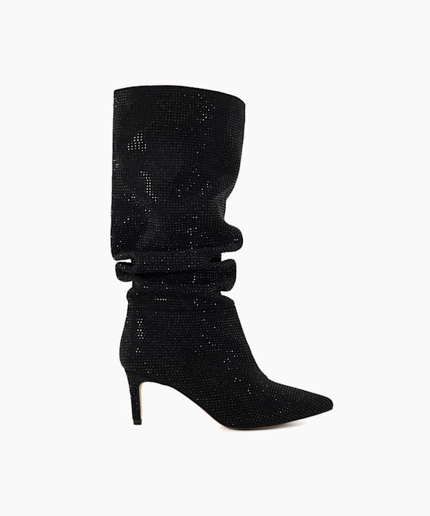 Slouch Black, Diamante Ruched Calf-Length Boots | Dune London