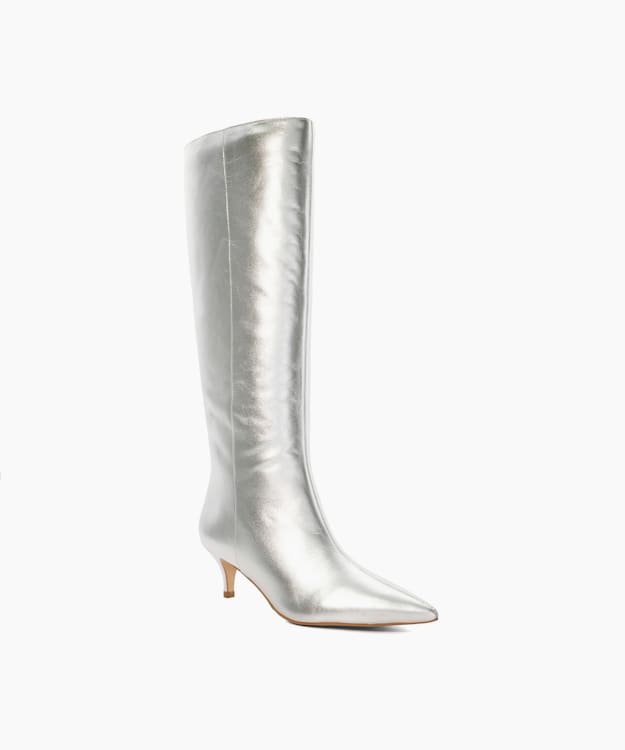 Smooth Silver Kitten Heeled Knee High Boots Dune London