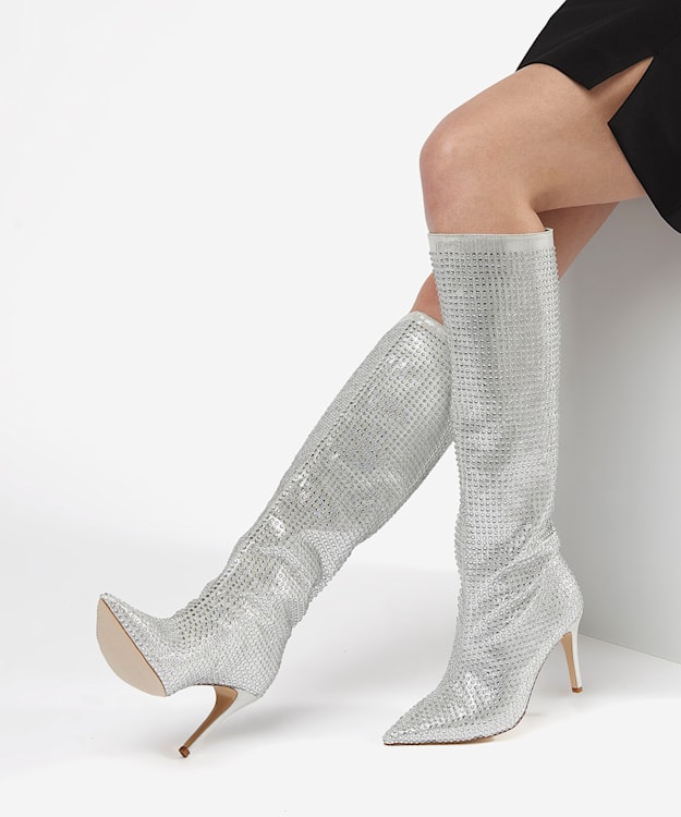 Silver glitter knee high boots on sale