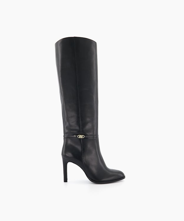 Symbolic Black, Heeled Leather Knee-High Boots | Dune London