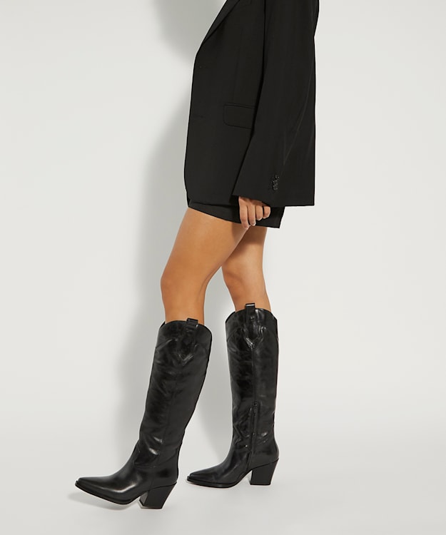 Tempas Black, Chunky-Sole Leather Knee-High Boots