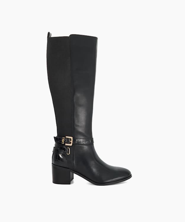 dune london Tilburies Black Leather Round Toe Knee High Boots
