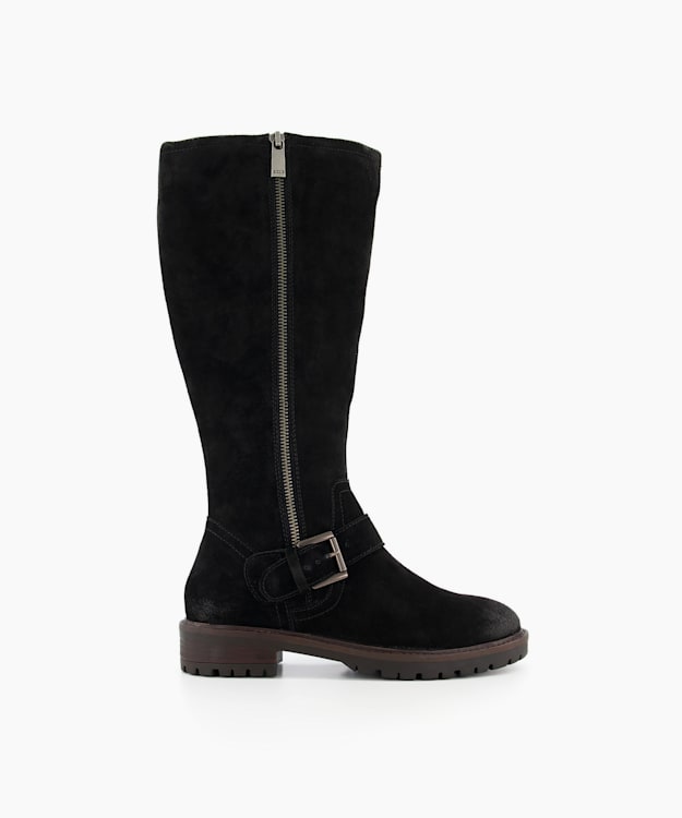 Trafalgar Black Side Zip Flat Knee High Boots Dune London