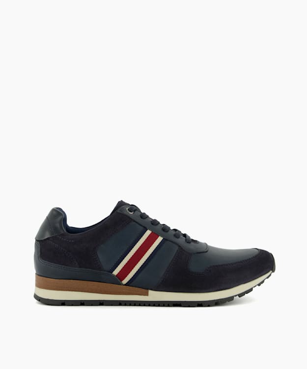 Tronic Navy, Stripe Detail Leather Trainers | Dune London